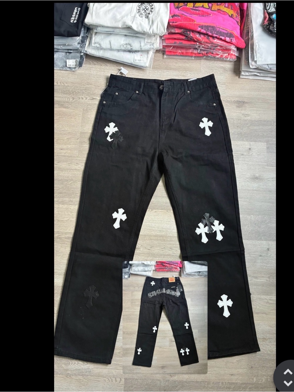 Chrome Hearts Black Bootcut Jeans with White Cross Patches